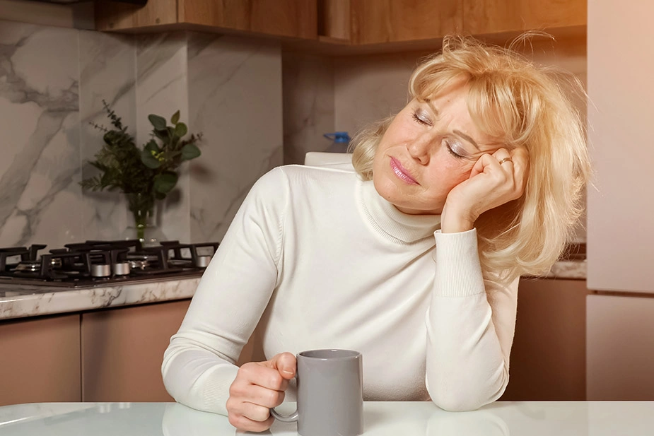 Umorna žena sa šoljom kafe, simbol umora i iscrpljenosti kao jednog od prvih simptoma menopauze.