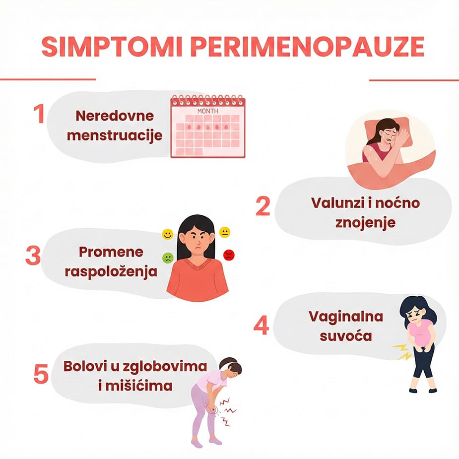 Infografika: simptomi perimenopauze – neredovne menstruacije, valunzi i noćno znojenje, promene raspoloženja, vaginalna suvoća, bolovi u zglobovima i mišićima.
