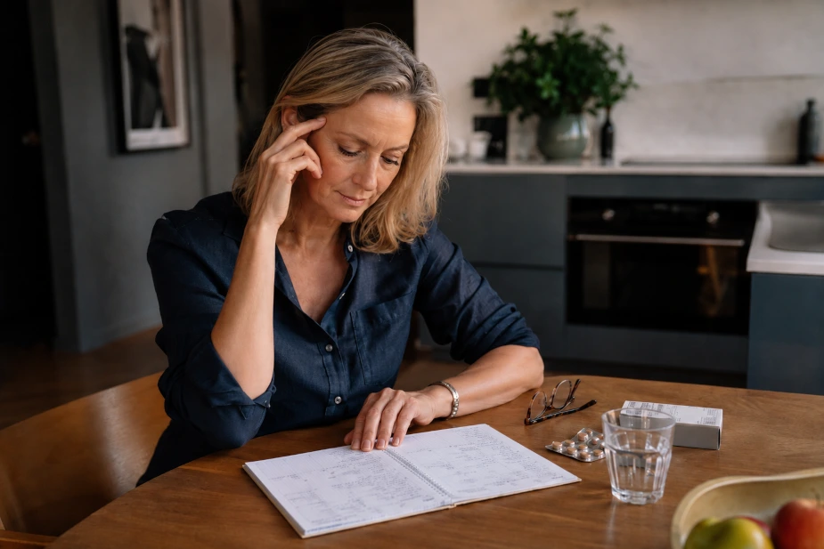 Žena beleži simptome tokom hormonske terapije progesteronom u menopauzi