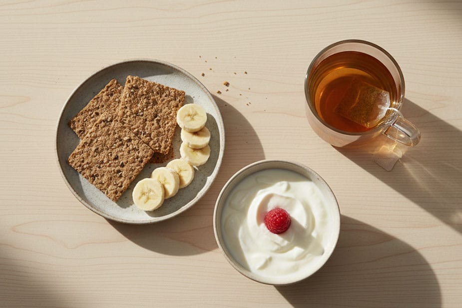 Lagan jutarnji obrok sa krekerima, bananom, jogurtom i toplim čajem koji može ublažiti mučninu.