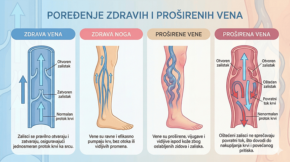 Infografik koji prikazuje razliku između zdravih i proširenih vena sa prikazom zalistaka i toka krvi.
