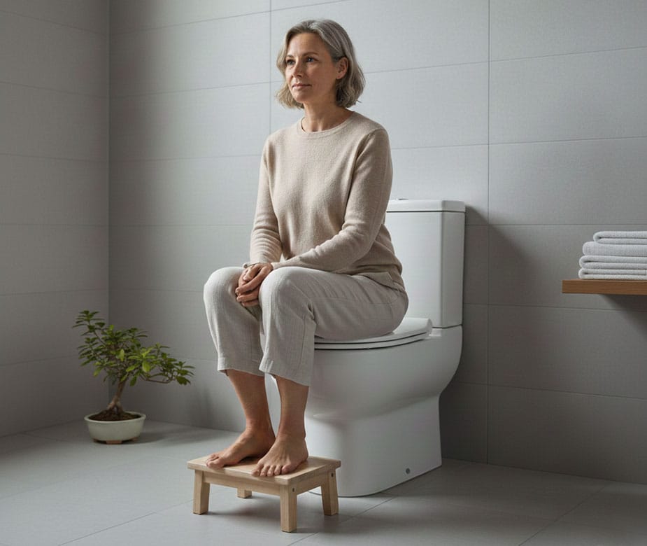 Žena sedi na WC šolji sa stopalima oslonjenim na malu drvenu stoličicu