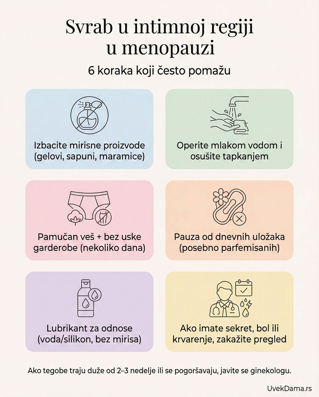Svrab u intimnoj regiji u menopauzi - šta možete odmah da uradite Infografika: Svrab u intimnoj regiji u menopauzi, šest koraka koji često pomažu.