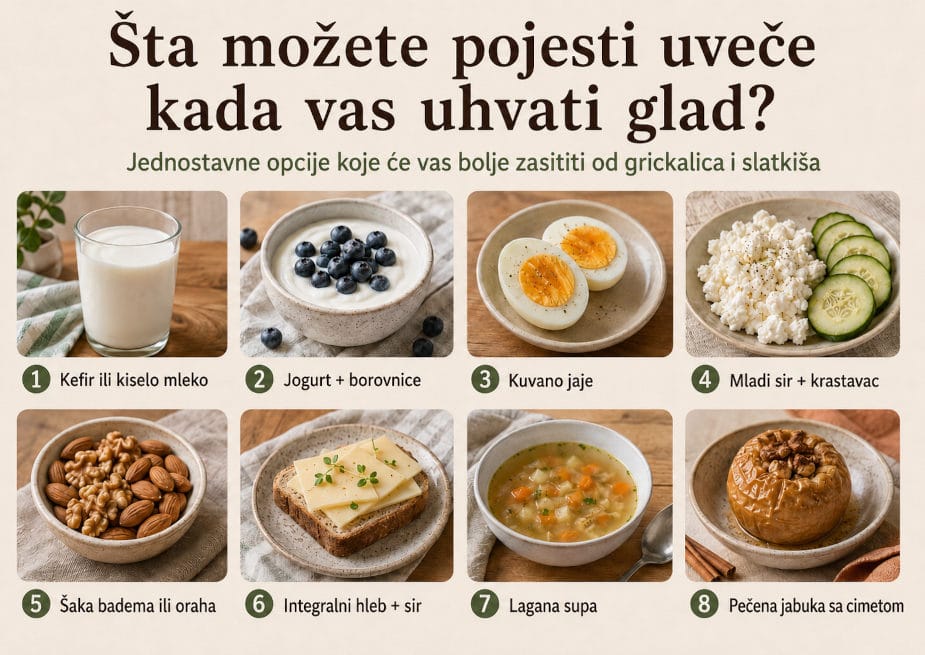 Šta možete pojesti uveče kada vas uhvati glad - kefir, jogurt sa borovnicama, kuvano jaje, mladi sir sa krastavcem, orašasti plodovi, integralni hleb sa sirom, lagana supa i pečena jabuka sa cimetom