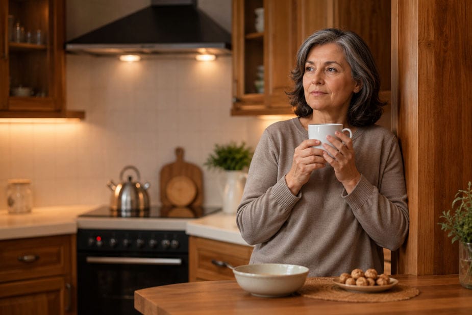 Žena u perimenopauzi ili menopauzi stoji u kuhinji uveče sa šoljom u rukama i razmišlja šta da pojede