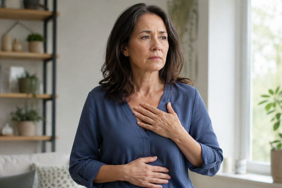 Žena u perimenopauzi drži jednu ruku na grudima, a drugu na stomaku zbog nelagodnosti