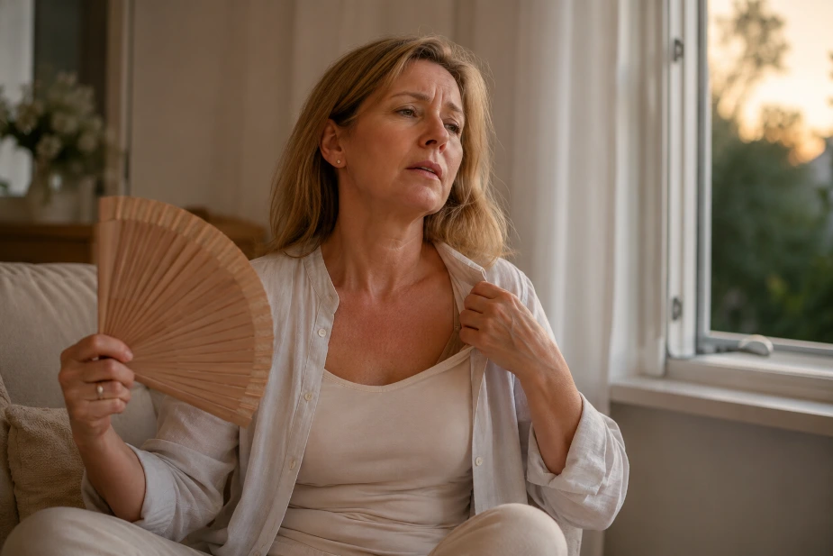 Žena u perimenopauzi hladi se lepezom tokom naleta vrućine